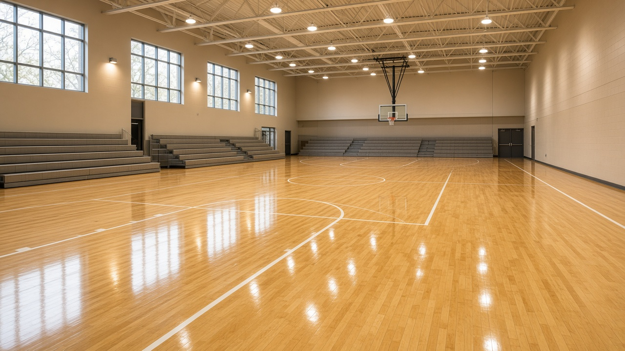 Vacant gym with a refinished maple court