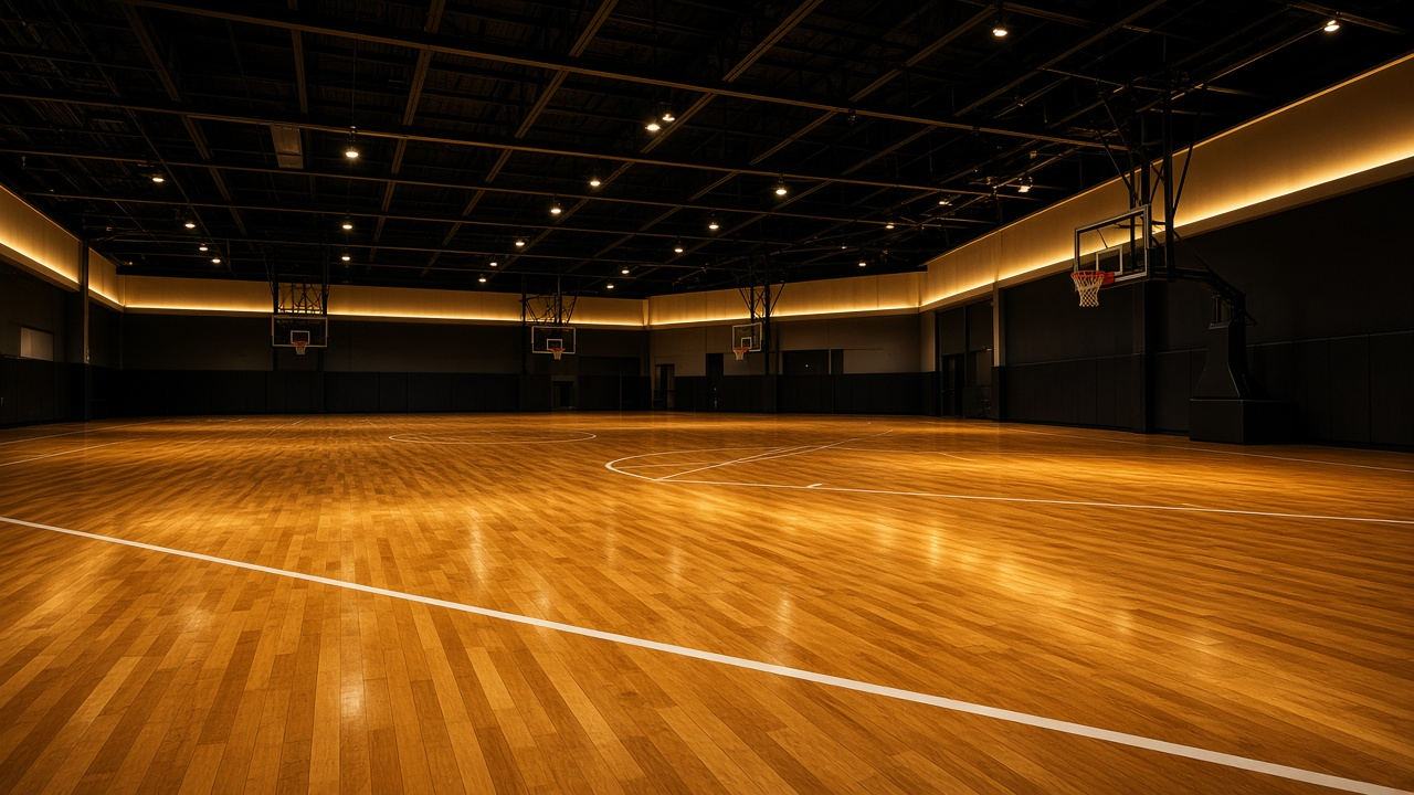 Empty indoor maple basketball court